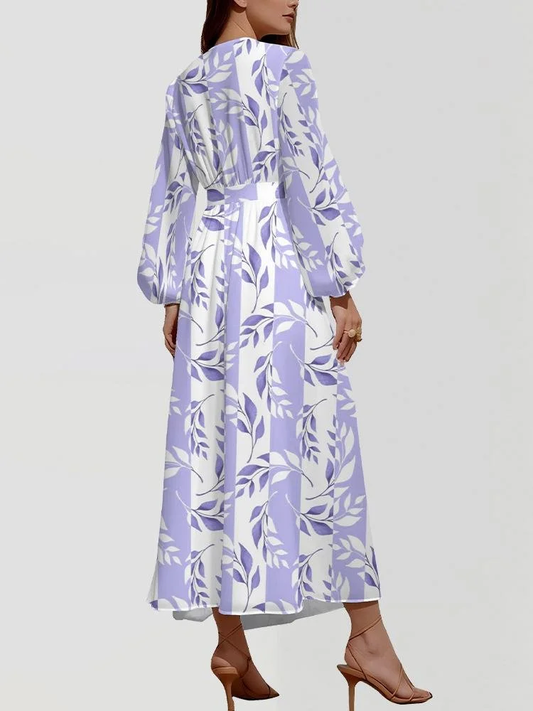 Women Striped Puff Sleeve Spring/Fall Dress V Neck Long Sleeve A-Line Dress