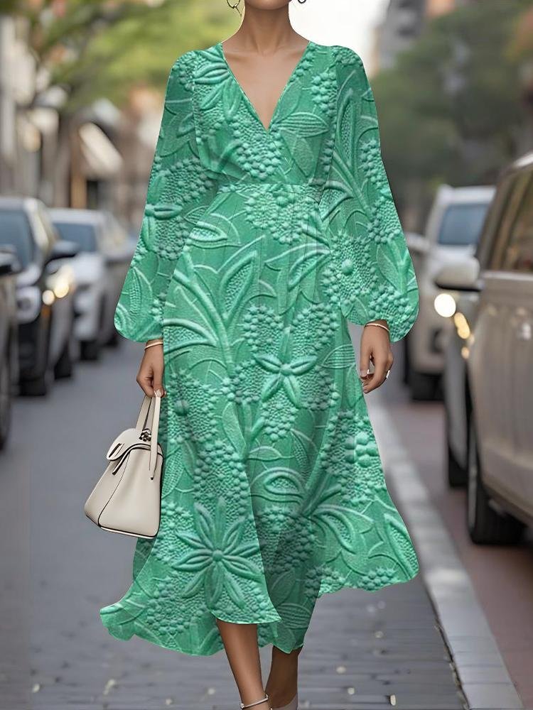 Women Floral Puff Sleeve Spring/Fall Dress V Neck Long Sleeve A-Line Dress