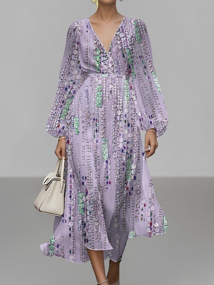 Women Striped Puff Sleeve Spring/Fall Dress V Neck Long Sleeve A-Line Dress