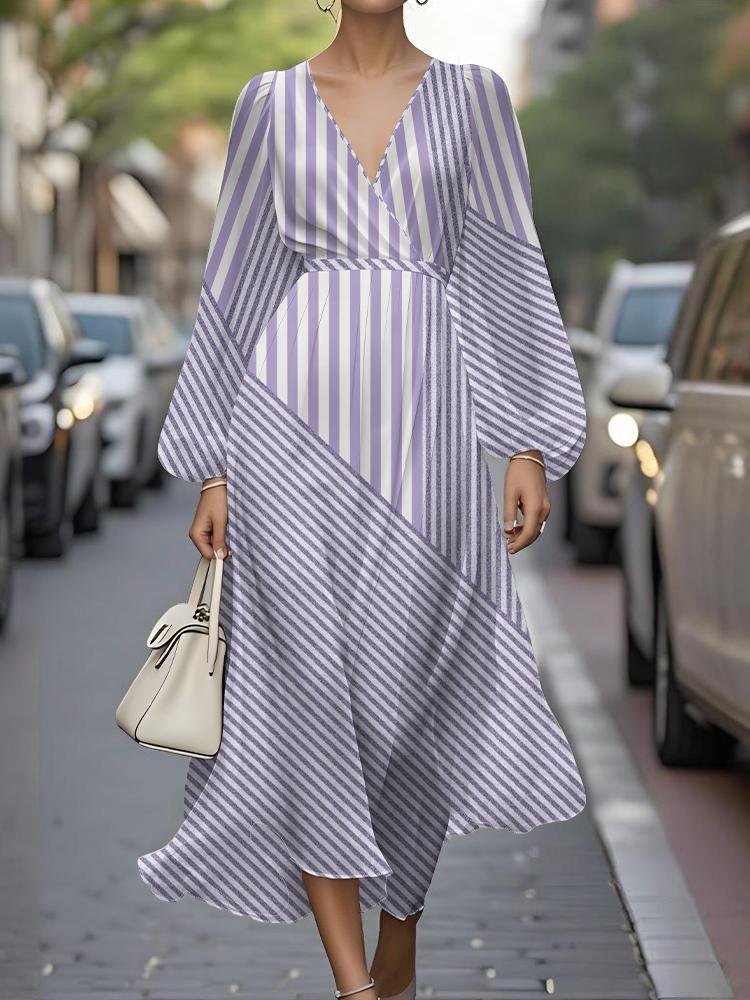Women Striped Puff Sleeve Spring/Fall Dress V Neck Long Sleeve A-Line Dress