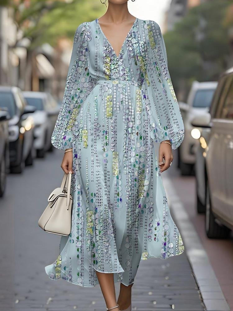 Women Striped Puff Sleeve Spring/Fall Dress V Neck Long Sleeve A-Line Dress