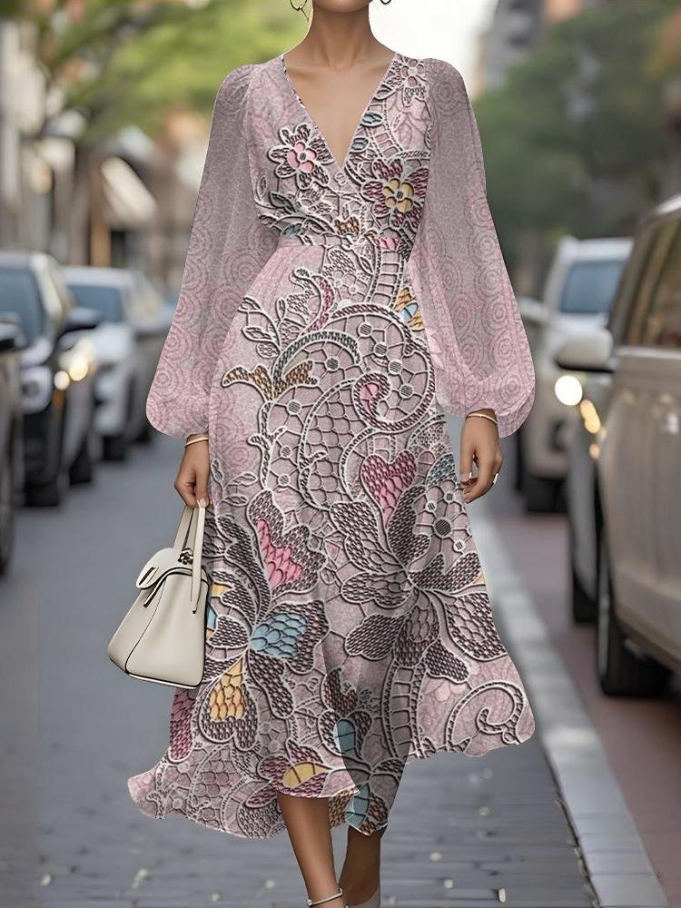 Women Floral Puff Sleeve Spring/Fall Dress V Neck Long Sleeve A-Line Dress