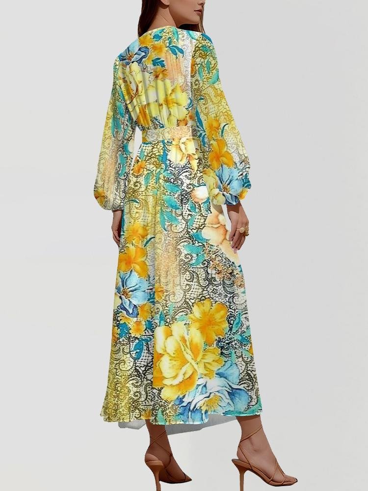 Women Floral Puff Sleeve Spring/Fall Dress V Neck Long Sleeve A-Line Dress