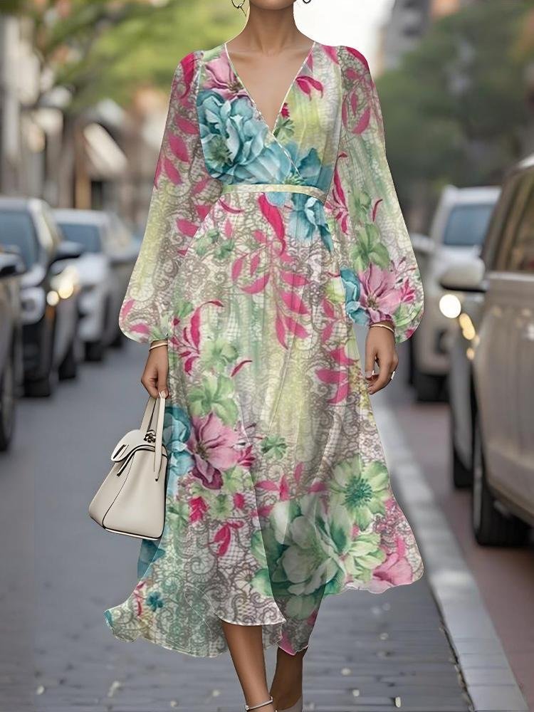 Women Floral Puff Sleeve Spring/Fall Dress V Neck Long Sleeve A-Line Dress