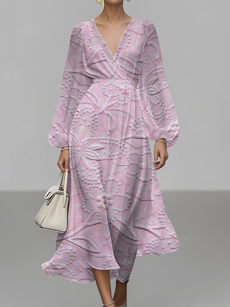 Women Floral Puff Sleeve Spring/Fall Dress V Neck Long Sleeve A-Line Dress