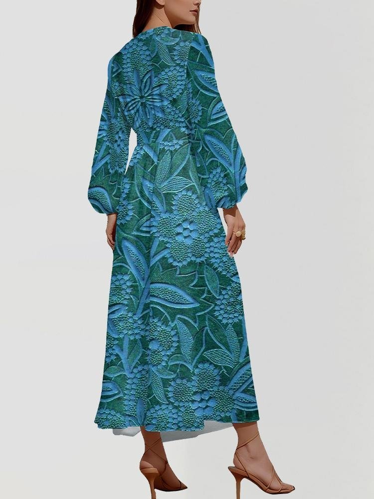 Women Floral Puff Sleeve Spring/Fall Dress V Neck Long Sleeve A-Line Dress