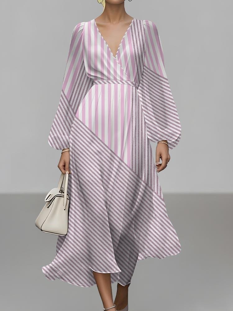 Women Striped Puff Sleeve Spring/Fall Dress V Neck Long Sleeve A-Line Dress