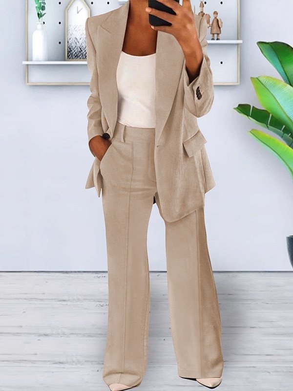 Women Plain Split Joint Two-Piece Set Daily Long Sleeve Casual Spring/Fall Coat With Pants Matching Set