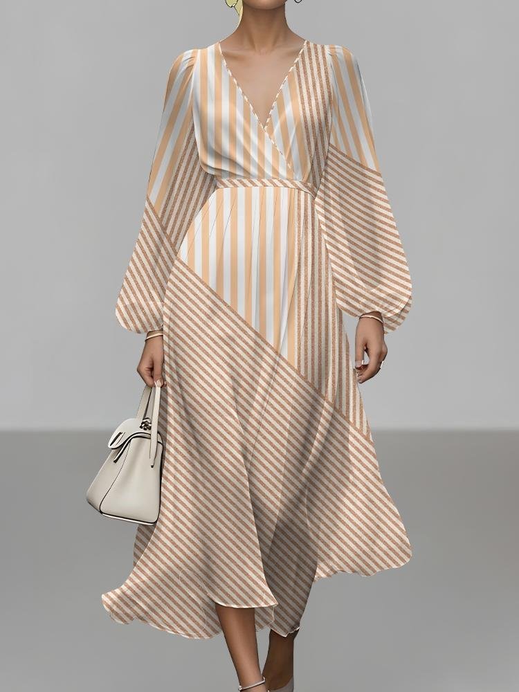 Women Striped Puff Sleeve Spring/Fall Dress V Neck Long Sleeve A-Line Dress