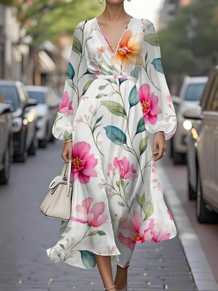 Women Floral Puff Sleeve Spring/Fall Dress V Neck Long Sleeve A-Line Dress