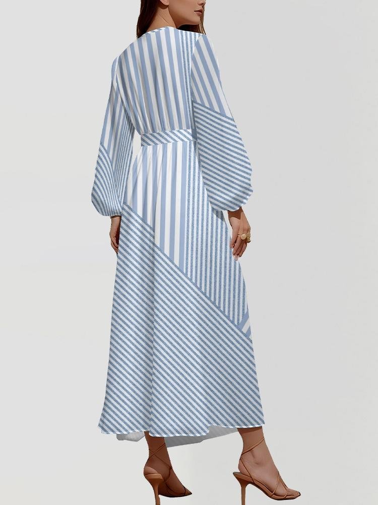 Women Striped Puff Sleeve Spring/Fall Dress V Neck Long Sleeve A-Line Dress