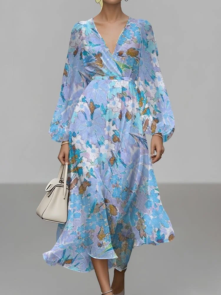 Women Floral Puff Sleeve Spring/Fall Dress V Neck Long Sleeve A-Line Dress