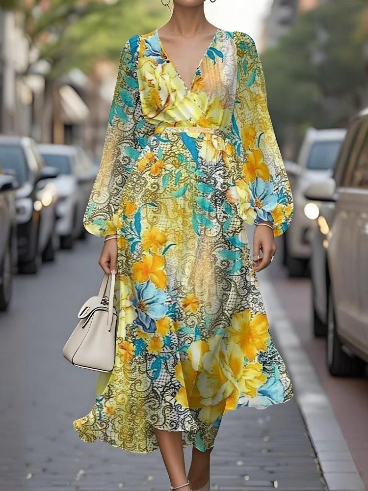 Women Floral Puff Sleeve Spring/Fall Dress V Neck Long Sleeve A-Line Dress