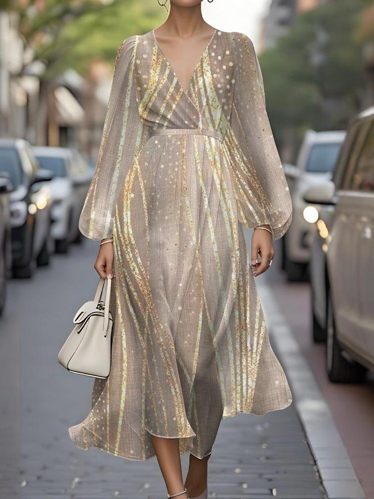 Women Striped Puff Sleeve Spring/Fall Dress V Neck Long Sleeve A-Line Dress