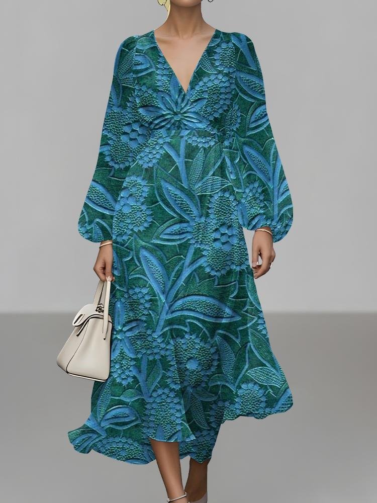 Women Floral Puff Sleeve Spring/Fall Dress V Neck Long Sleeve A-Line Dress