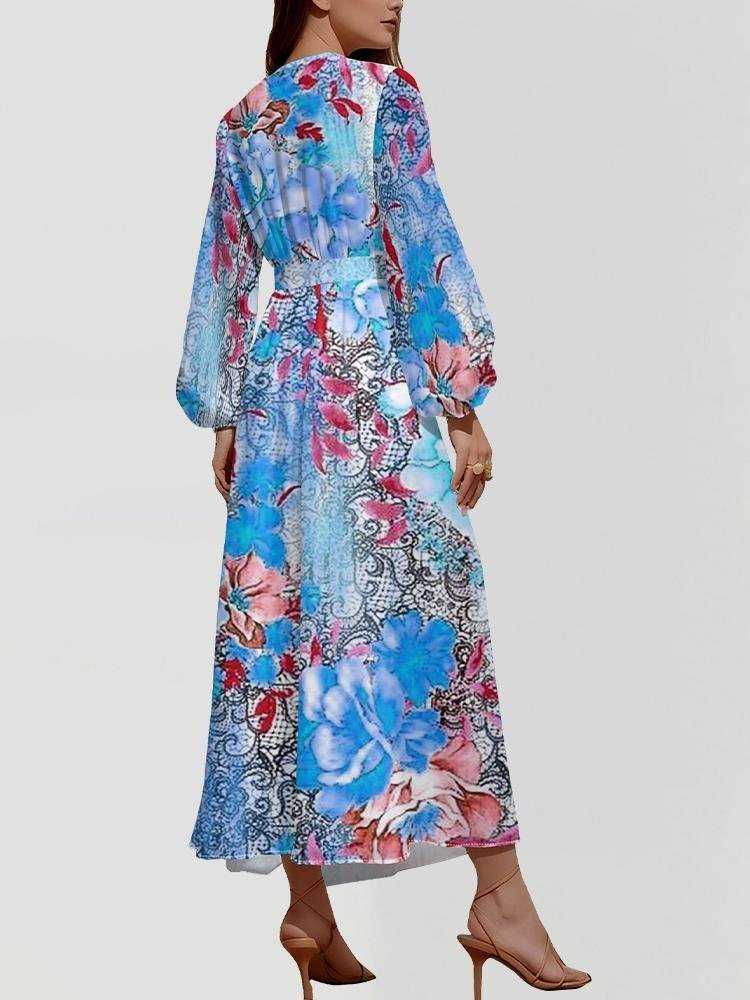 Women Floral Puff Sleeve Spring/Fall Dress V Neck Long Sleeve A-Line Dress