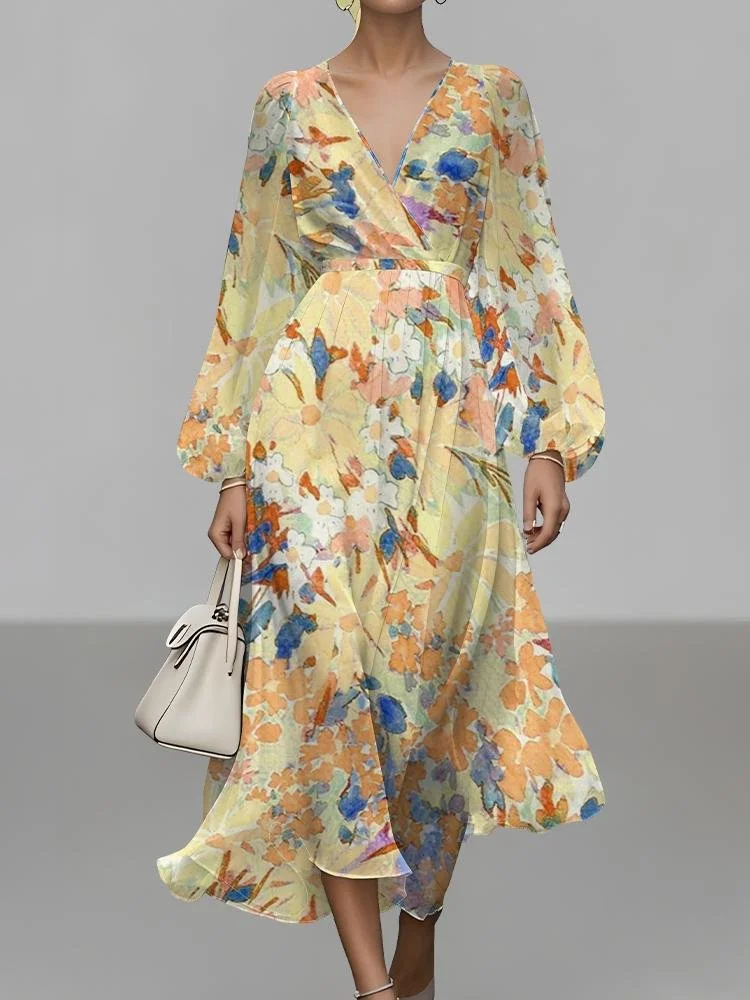 Women Floral Puff Sleeve Spring/Fall Dress V Neck Long Sleeve A-Line Dress