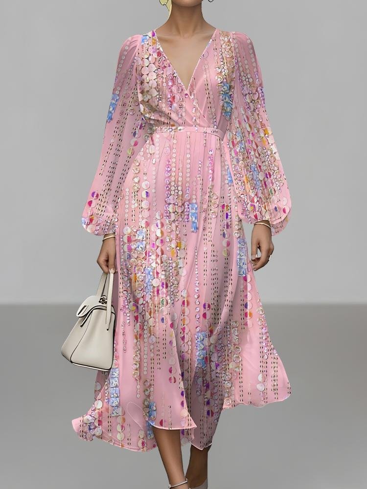 Women Striped Puff Sleeve Spring/Fall Dress V Neck Long Sleeve A-Line Dress