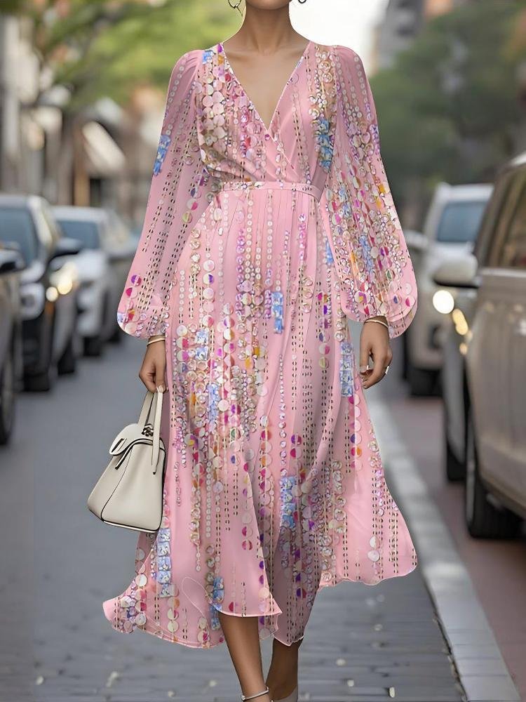 Women Striped Puff Sleeve Spring/Fall Dress V Neck Long Sleeve A-Line Dress