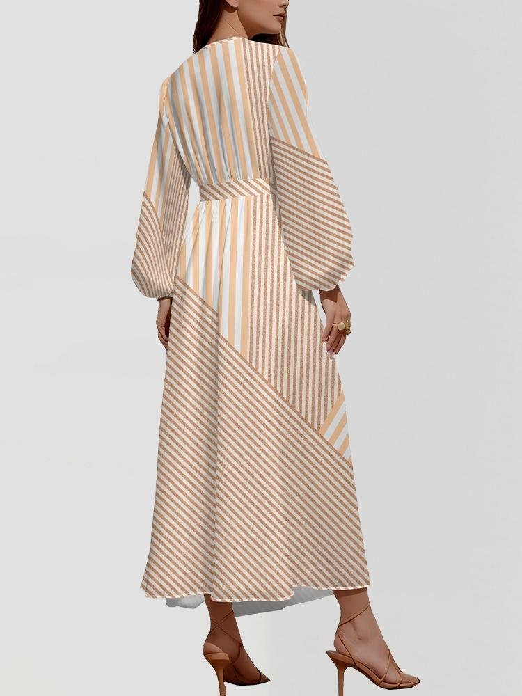 Women Striped Puff Sleeve Spring/Fall Dress V Neck Long Sleeve A-Line Dress