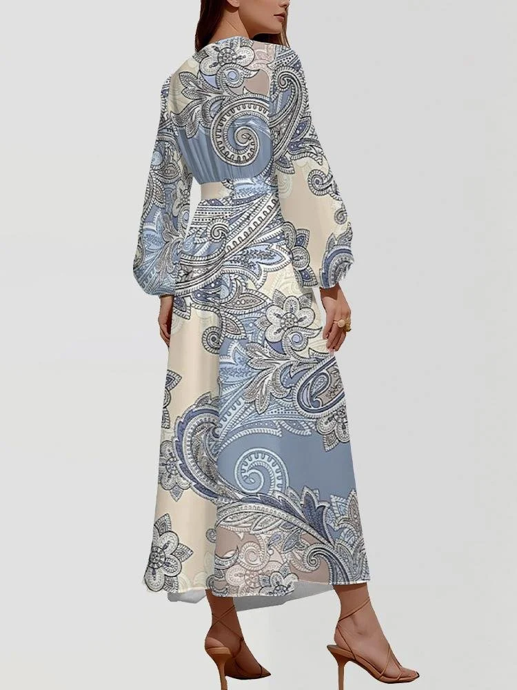 Women Paisley Puff Sleeve Spring/Fall Dress V Neck Long Sleeve A-Line Dress