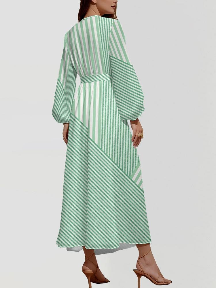 Women Striped Puff Sleeve Spring/Fall Dress V Neck Long Sleeve A-Line Dress