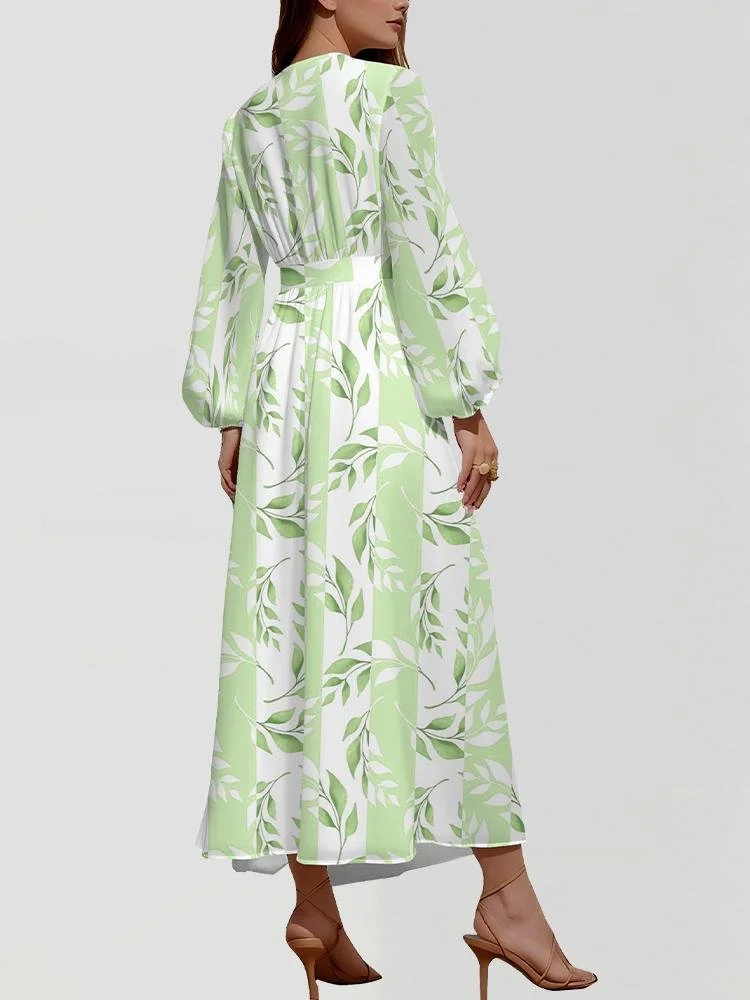 Women Striped Puff Sleeve Spring/Fall Dress V Neck Long Sleeve A-Line Dress