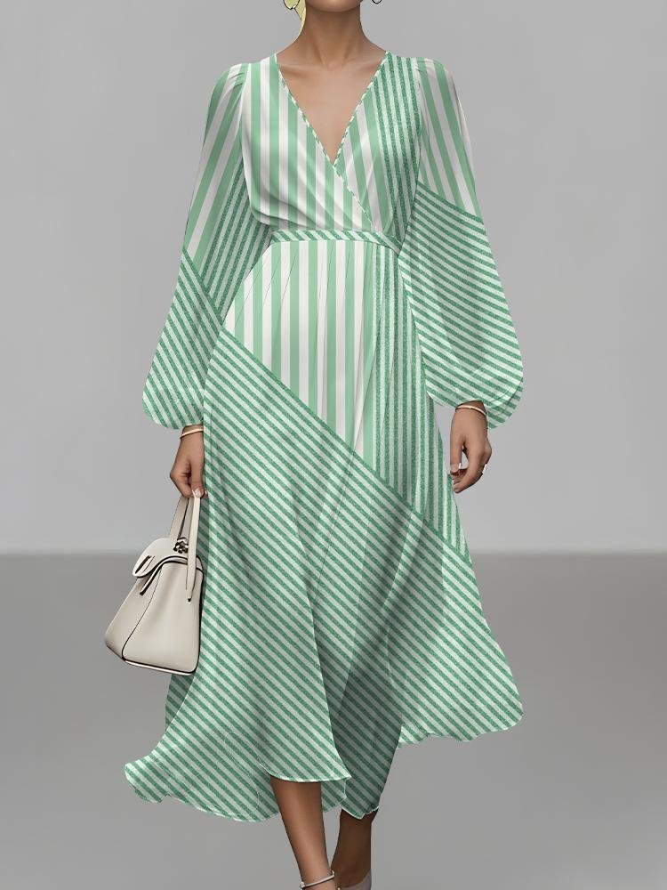 Women Striped Puff Sleeve Spring/Fall Dress V Neck Long Sleeve A-Line Dress