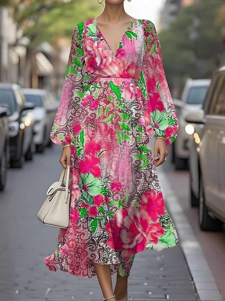 Women Floral Puff Sleeve Spring/Fall Dress V Neck Long Sleeve A-Line Dress