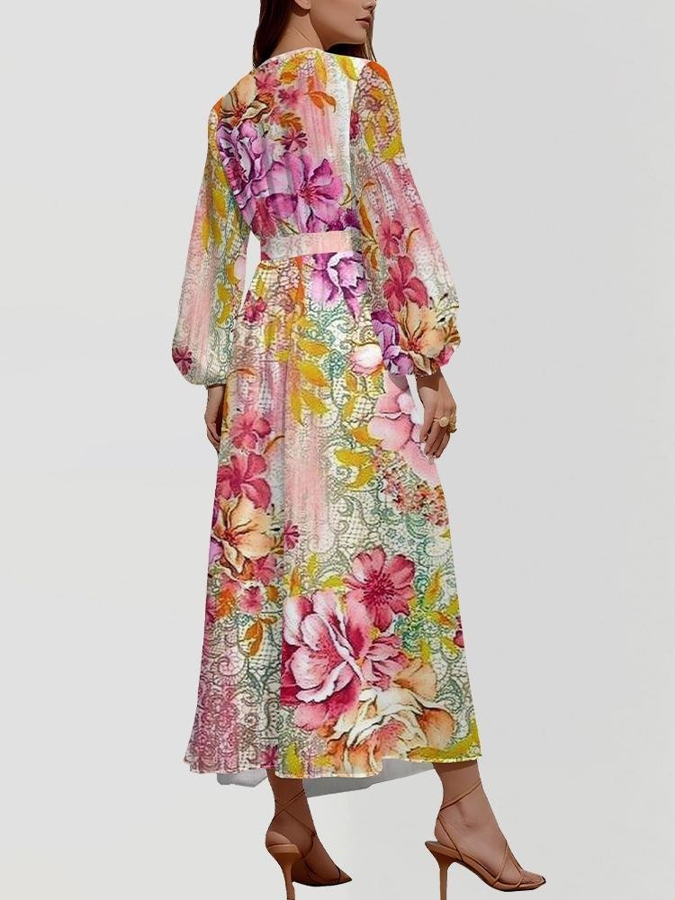 Women Floral Puff Sleeve Spring/Fall Dress V Neck Long Sleeve A-Line Dress