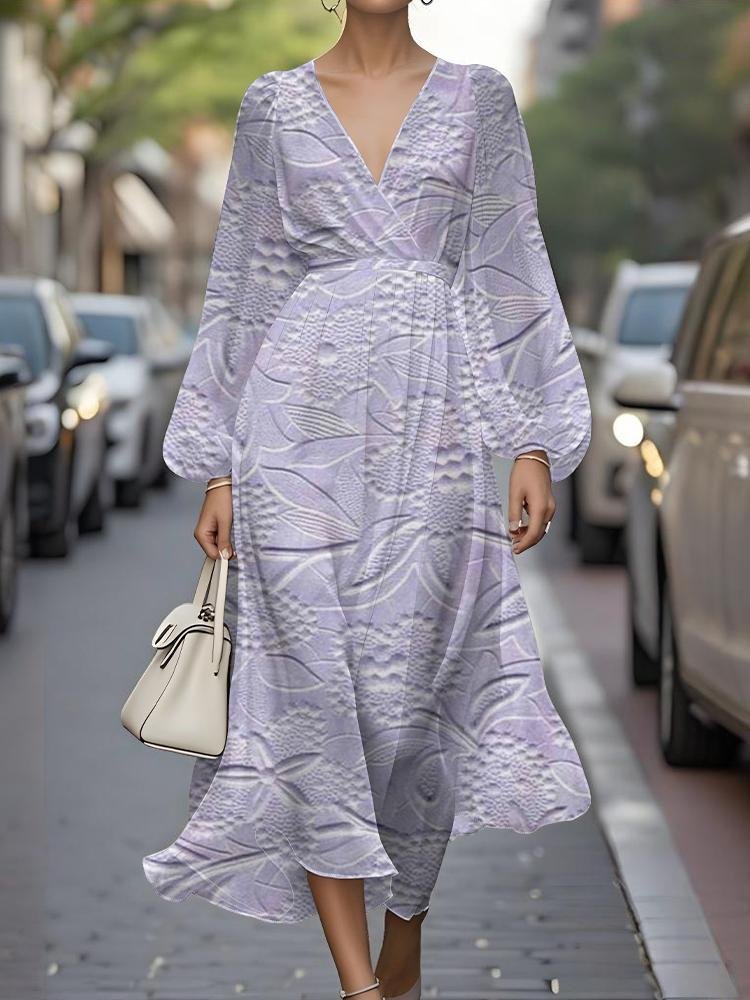 Women Floral Puff Sleeve Spring/Fall Dress V Neck Long Sleeve A-Line Dress