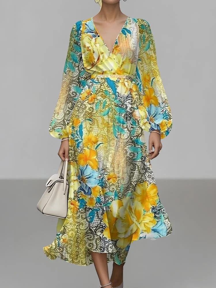 Women Floral Puff Sleeve Spring/Fall Dress V Neck Long Sleeve A-Line Dress