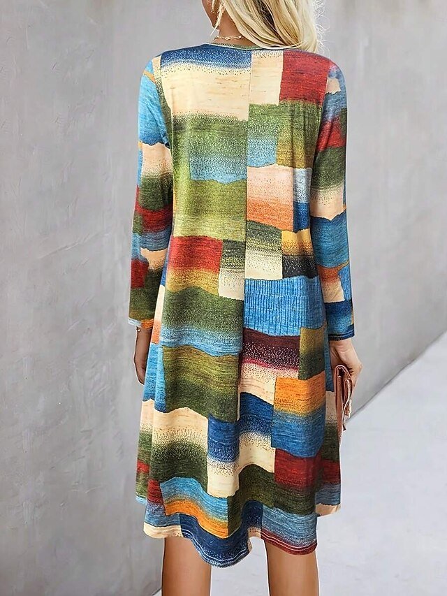 Women Geometric Spring/Fall Dress V Neck Long Sleeve A-Line Dress
