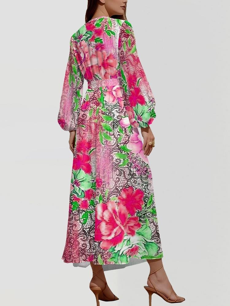 Women Floral Puff Sleeve Spring/Fall Dress V Neck Long Sleeve A-Line Dress