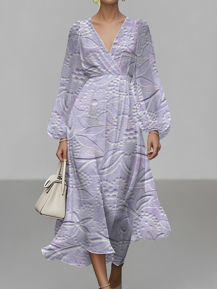 Women Floral Puff Sleeve Spring/Fall Dress V Neck Long Sleeve A-Line Dress