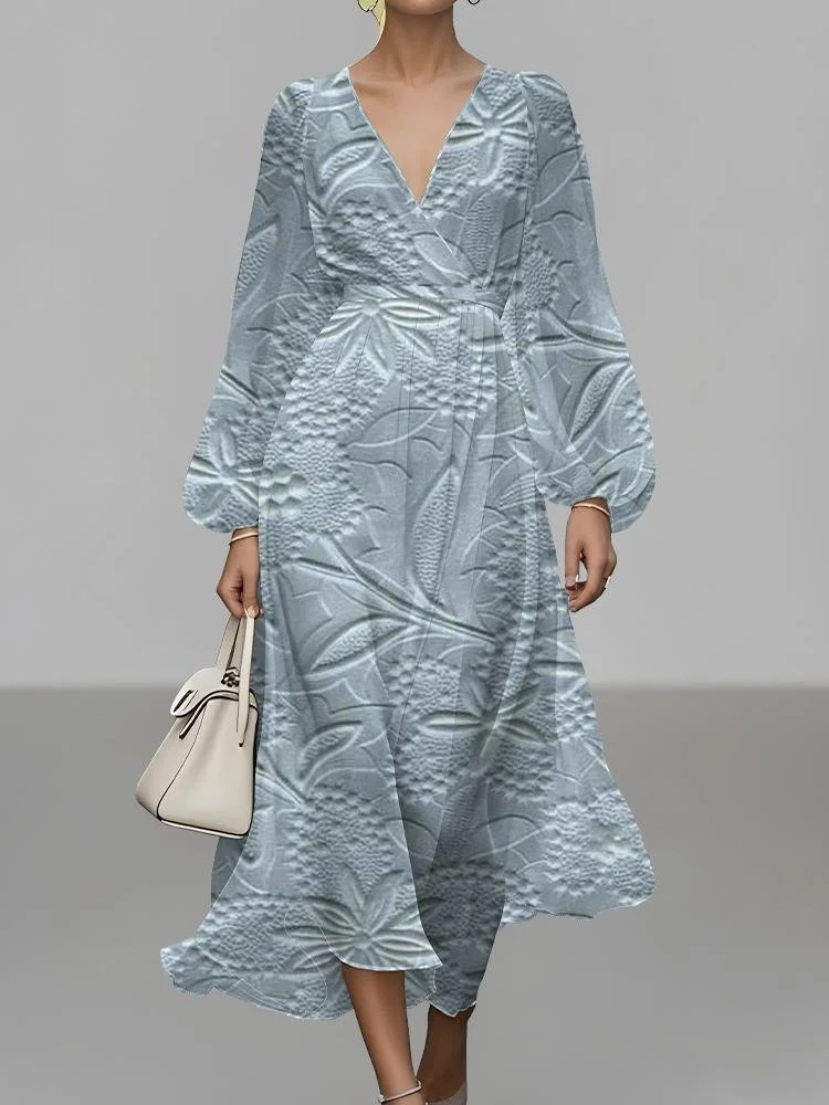 Women Floral Puff Sleeve Spring/Fall Dress V Neck Long Sleeve A-Line Dress