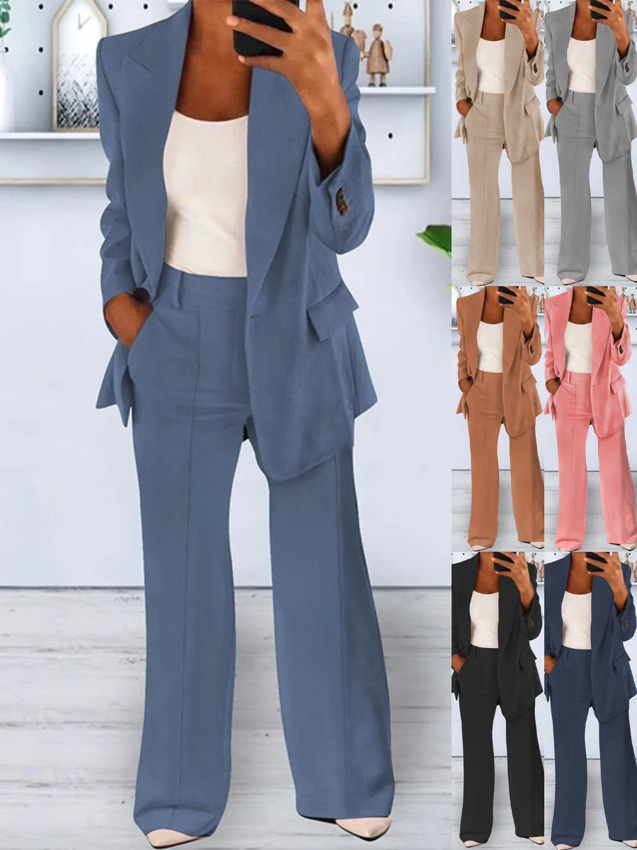 Women Plain Split Joint Two-Piece Set Daily Long Sleeve Casual Spring/Fall Coat With Pants Matching Set