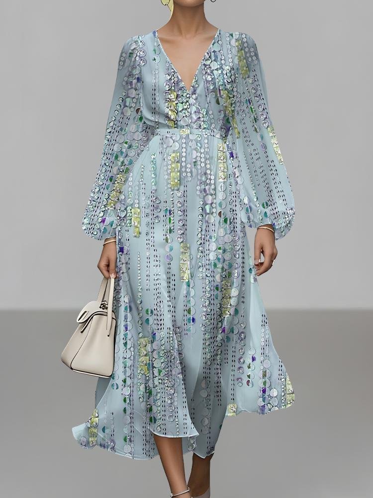 Women Striped Puff Sleeve Spring/Fall Dress V Neck Long Sleeve A-Line Dress