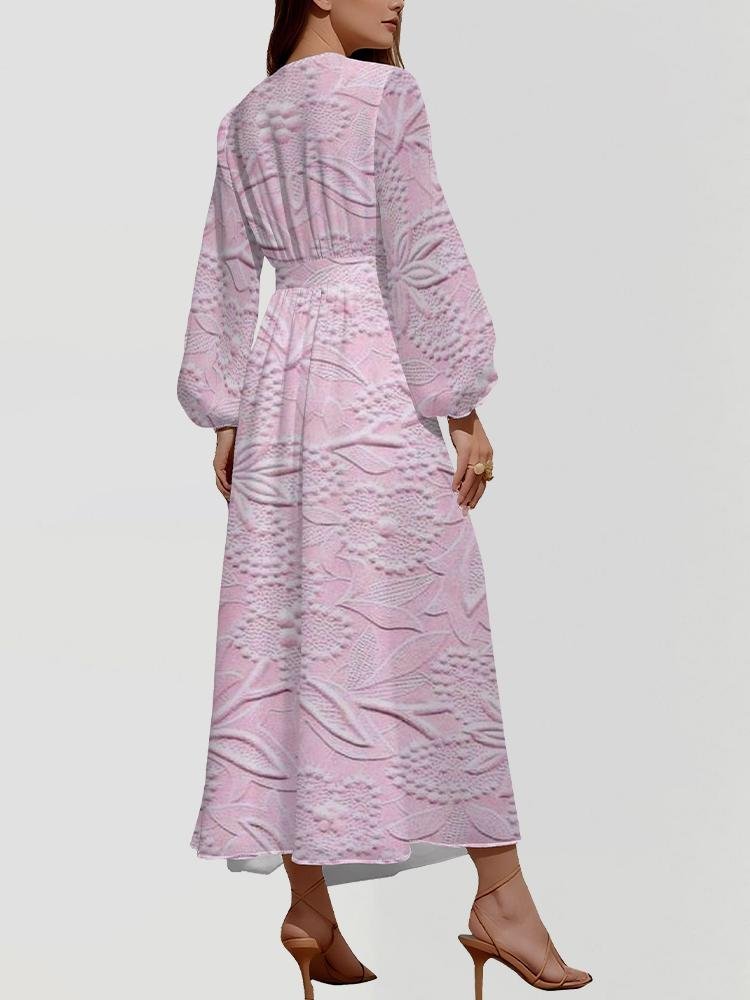 Women Floral Puff Sleeve Spring/Fall Dress V Neck Long Sleeve A-Line Dress