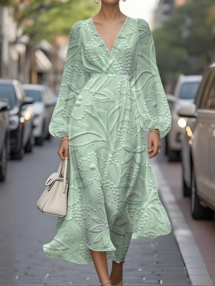 Women Floral Puff Sleeve Spring/Fall Dress V Neck Long Sleeve A-Line Dress