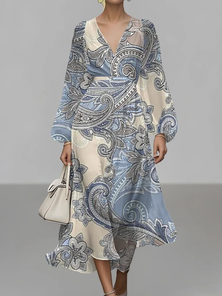 Women Paisley Puff Sleeve Spring/Fall Dress V Neck Long Sleeve A-Line Dress