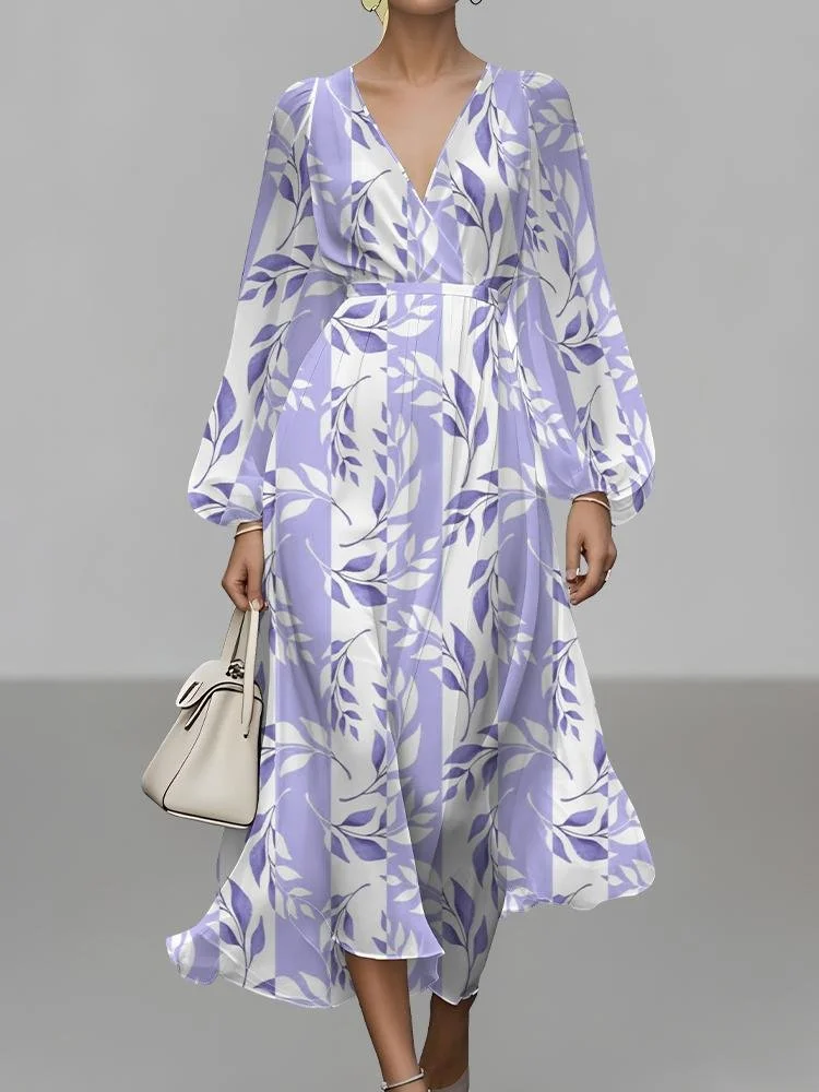 Women Striped Puff Sleeve Spring/Fall Dress V Neck Long Sleeve A-Line Dress