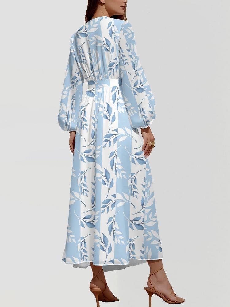 Women Striped Puff Sleeve Spring/Fall Dress V Neck Long Sleeve A-Line Dress