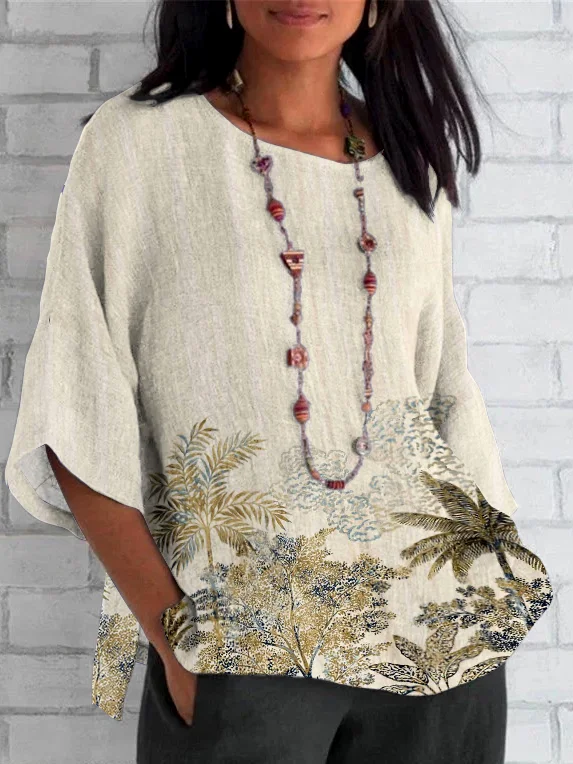 Women Blouse Casual Coconut Tree Print Crew Neck Long Sleeve Comfy T-shirt