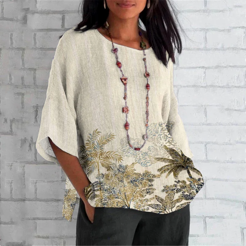 Women Blouse Casual Coconut Tree Print Crew Neck Long Sleeve Comfy T-shirt