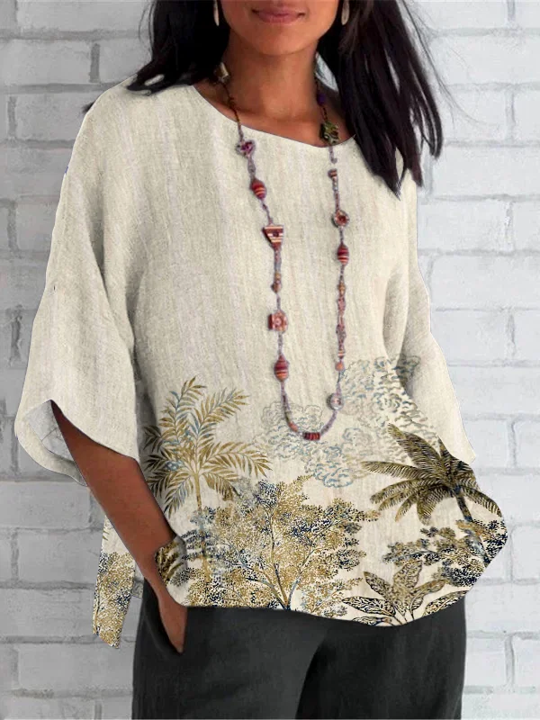 Women Blouse Casual Coconut Tree Print Crew Neck Long Sleeve Comfy T-shirt