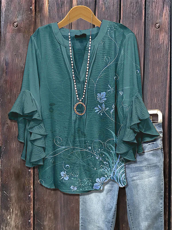 V Neck Half Sleeve Floral Printing Regular Loose Shirt For Women