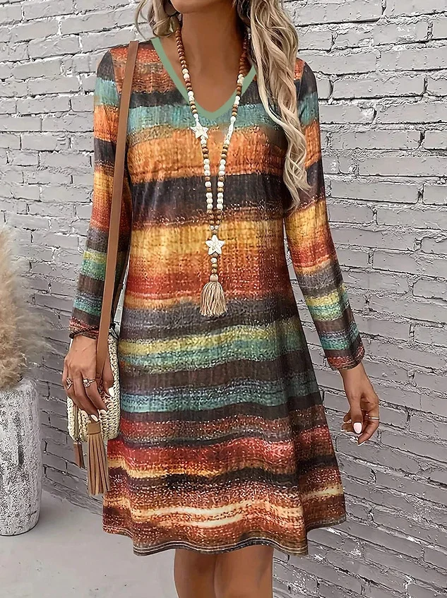 Women Geometric Spring/Fall Dress V Neck Long Sleeve A-Line Dress
