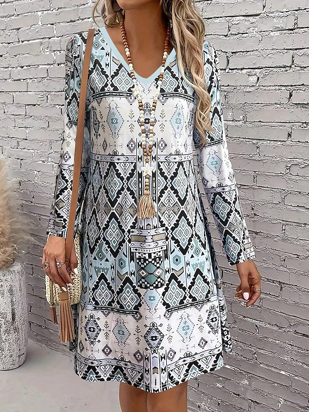 Women Geometric Spring/Fall Dress V Neck Long Sleeve A-Line Dress