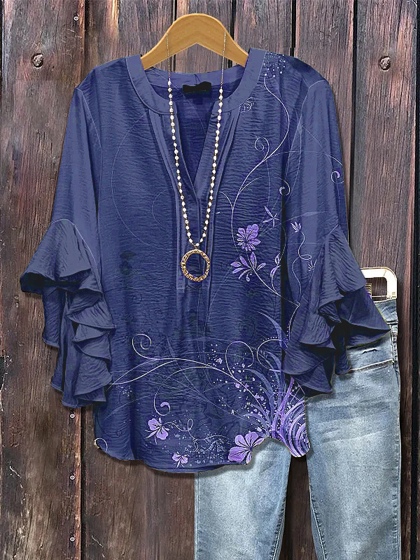 V Neck Half Sleeve Floral Printing Regular Loose Shirt For Women